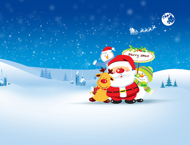 卡通圣诞老人 驯鹿 雪人――唯美矢量雪景蓝色圣诞节PPT模板